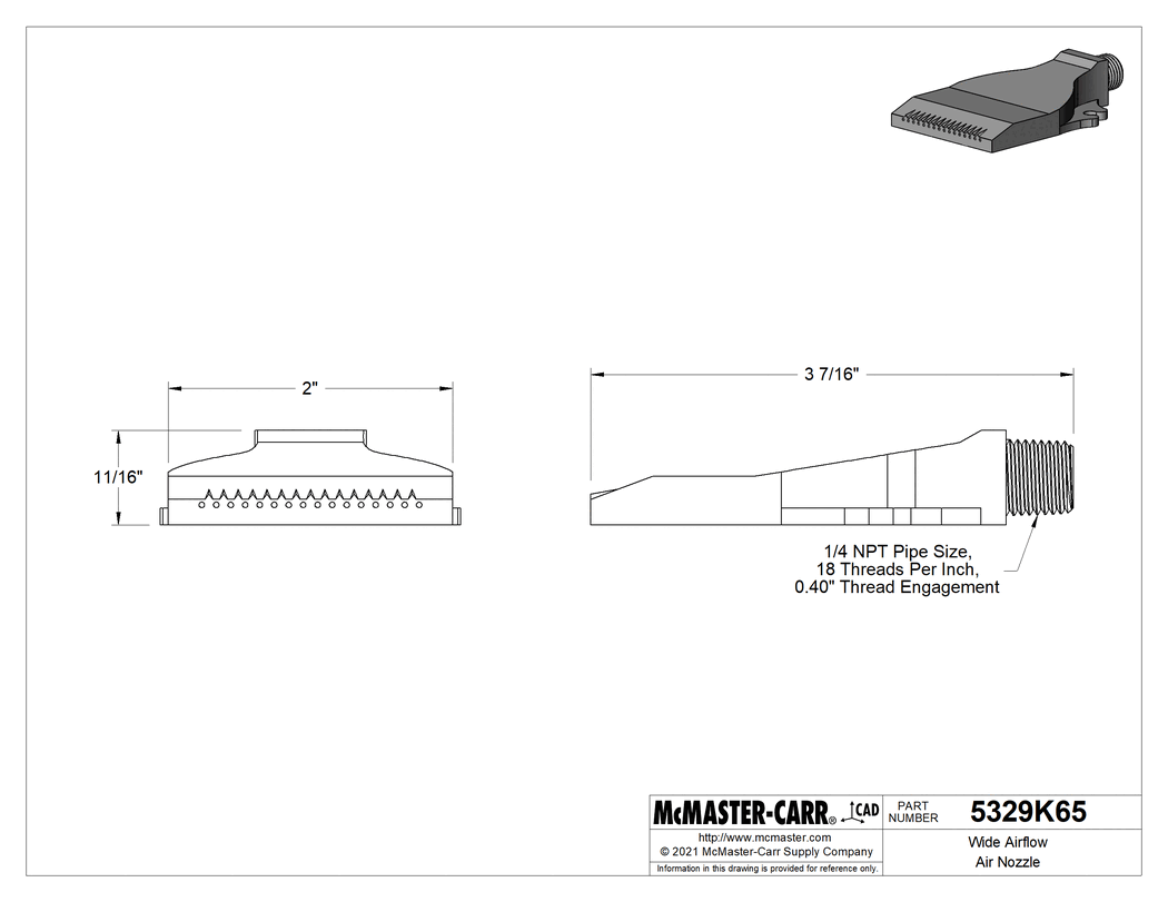Technical Drawing of Wide-Airflow Air Nozzle, Aluminum, 1/4 NPT Male.
